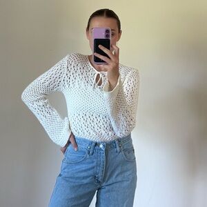 Vintage Crochet Open Knit Long Sleeve White Top Women’s Size Small